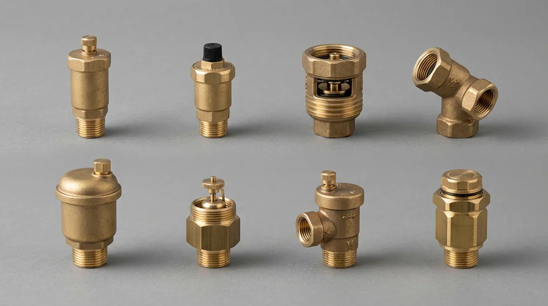 Purgeur automatique en laiton brillant installé sur une nourrice de chauffage dans une chaufferie moderne.