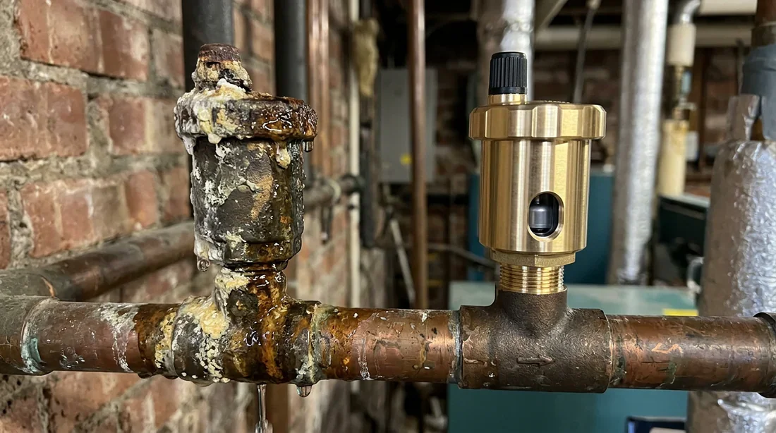 Schéma technique du fonctionnement interne d'un purgeur automatique avec son flotteur.