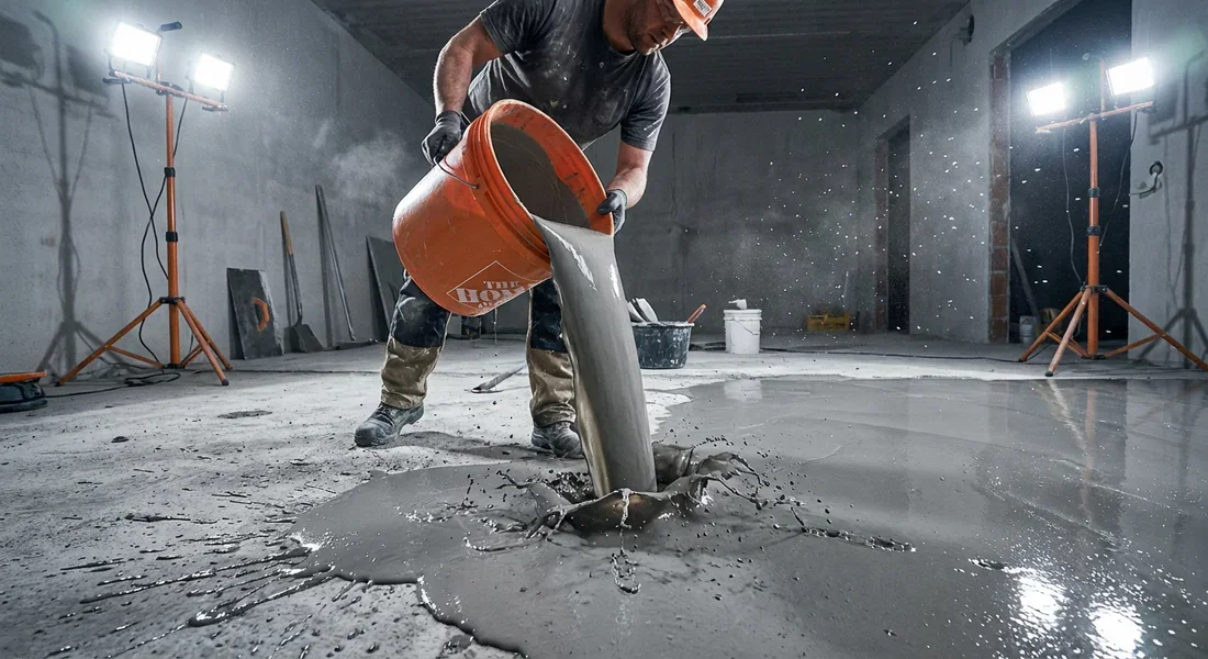Application du mélange de ragréage Coulage d'un mortier de ragréage autonivelant sur un sol de maison.