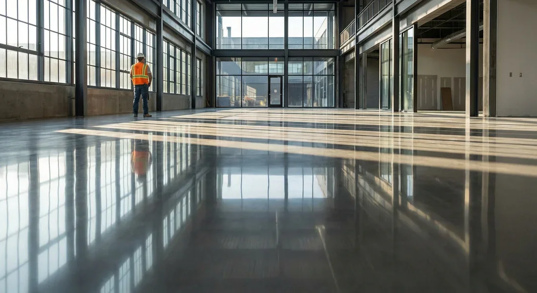 Aspect miroir d'un ragréage de sol professionnel Sol intérieur parfaitement lisse après un ragréage autonivelant réussi.