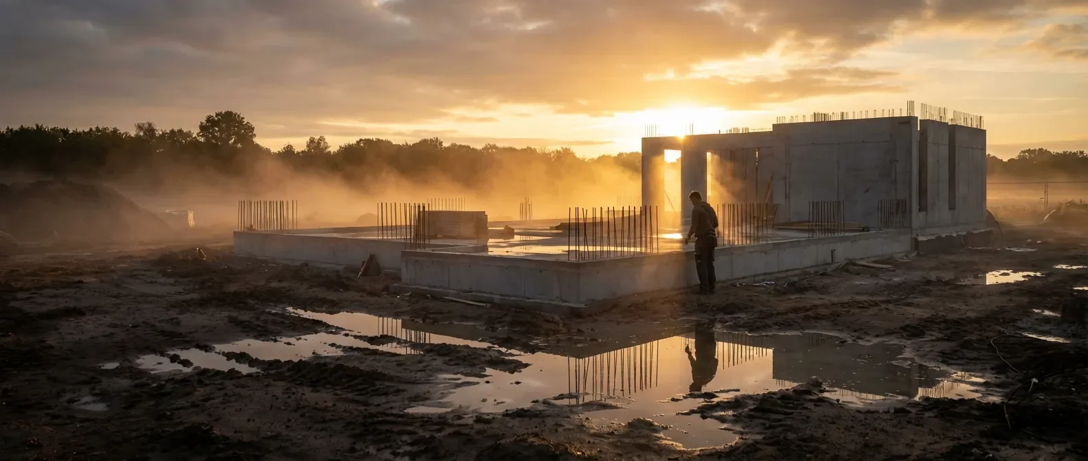 Architecture et humidité du sol argileux Vue cinématique d'une maison moderne sur un terrain argileux humide au crépuscule