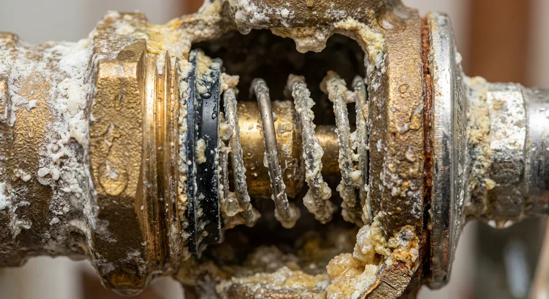 Calcaire dans la soupape de sécurité Accumulation de calcaire à l'intérieur d'un groupe de sécurité de chauffe-eau.