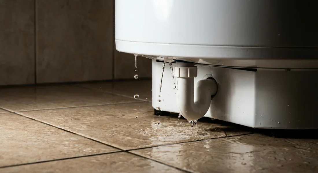 Siphon de chauffe-eau qui déborde Chauffe-eau vertical avec une fuite d'eau au niveau du siphon qui déborde sur le sol.
