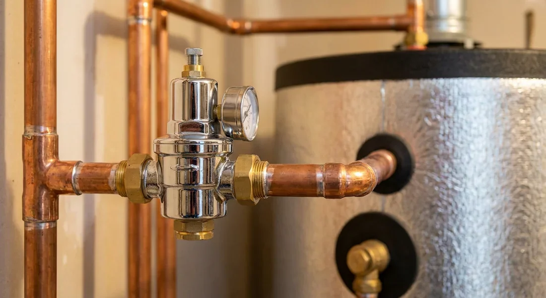 Réducteur de pression pour chauffe-eau Installation d'un réducteur de pression sur la tuyauterie en cuivre.