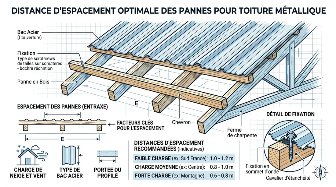 Schéma de l'entraxe des pannes pour bac acier Infographie expliquant l'entraxe idéal entre les pannes pour la pose de tôle bac acier