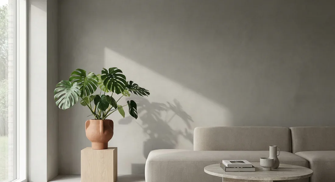 Mur en béton ciré gris moderne avec plante verte décorative de style magazine