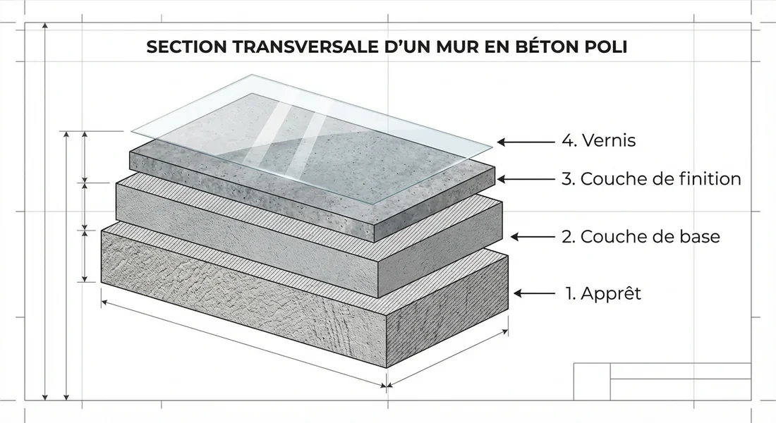 Schéma technique des couches successives du béton ciré