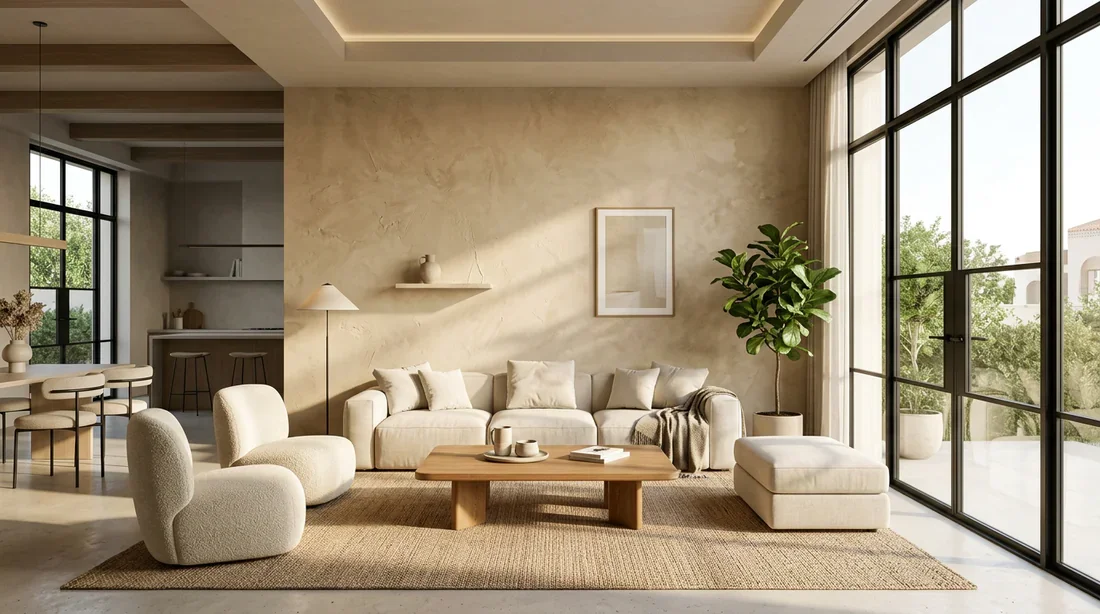 Enduit à la chaux beige dans un salon moderne Intérieur contemporain lumineux avec mur en enduit à la chaux beige sablé