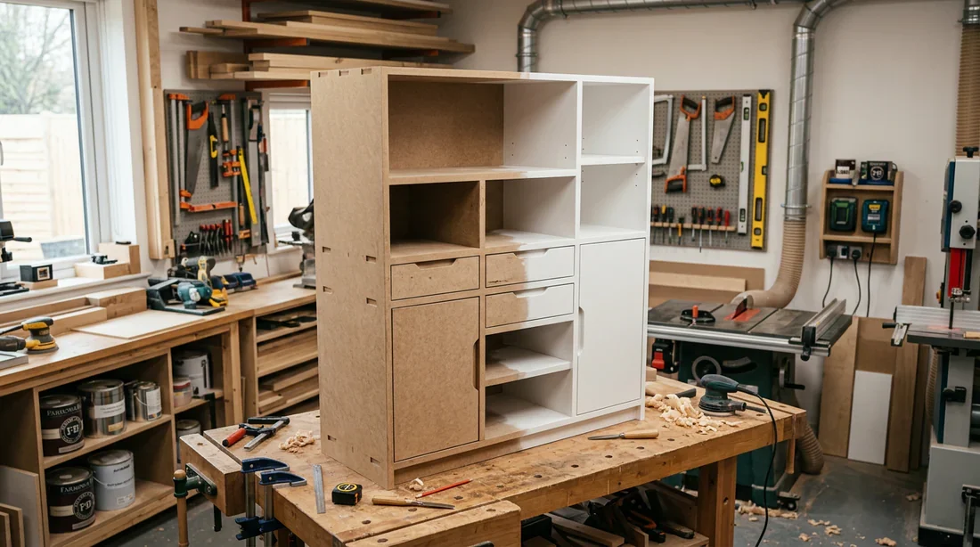 Fabrication de meuble sur-mesure en MDF Fabrication artisanale d'un meuble sur-mesure en MDF dans un atelier