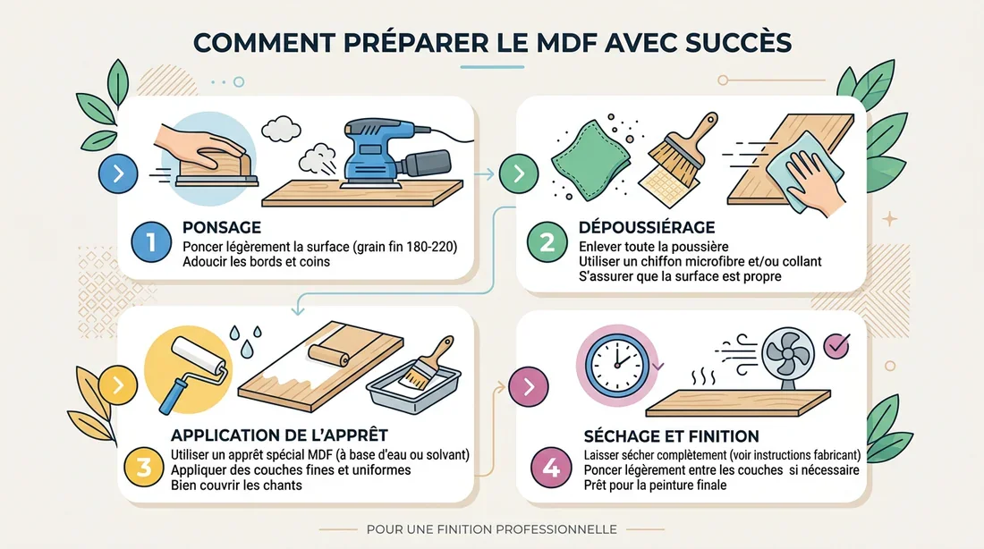 Étapes de préparation du MDF Infographie des étapes de préparation du MDF avant peinture