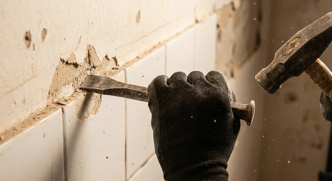 Démonstration du geste précis pour décoller un carreau sans percer le placo.