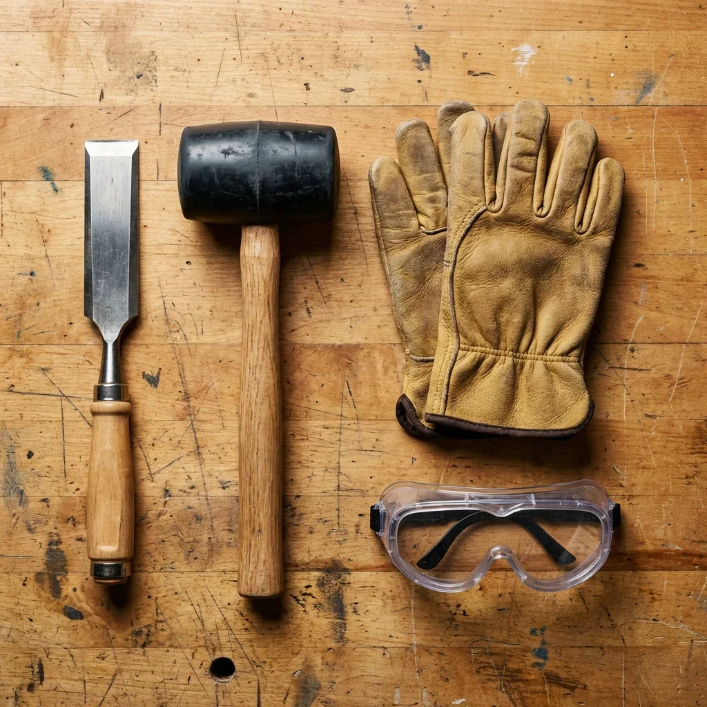 Liste visuelle des outils : burin, maillet, gants et lunettes de protection.