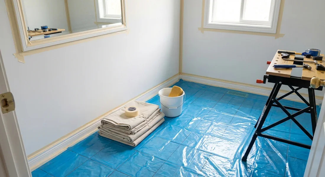 Protection du sol et des abords du chantier de dépose de carrelage.