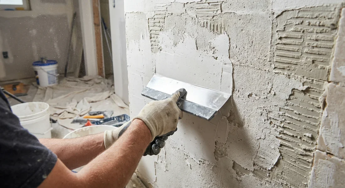 Réparation du support en plâtre avec de l'enduit après le retrait de la faïence.