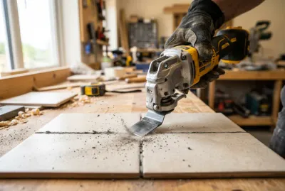 Gros plan sur un outil multifonction coupant un joint de carrelage