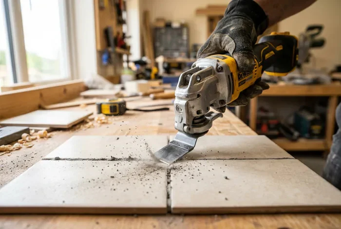 Enlever carrelage sur placo : Guide pro - Dépose carrelage sans placo abîmé : 4 étapes - Comment enlever du carrelage sur du placo sans casse ? Gros plan sur un outil multifonction coupant un joint de carrelage