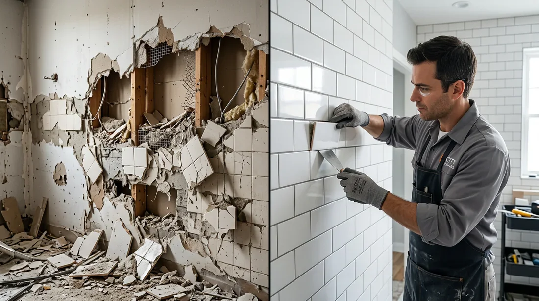 Photo avant-après de la réparation d'un mur en placo et carrelage
