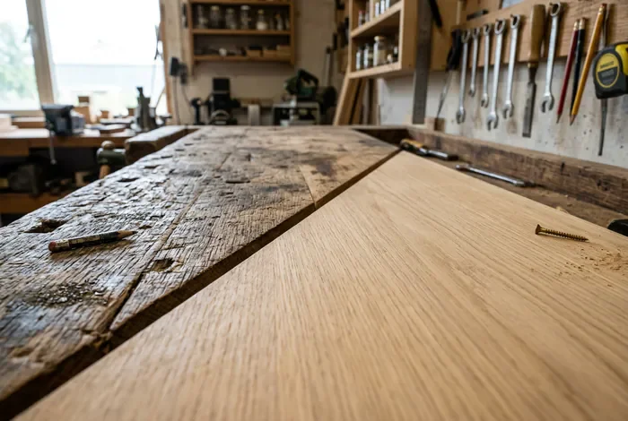 Enlever huile de lin sur bois : 5 méthodes efficaces - Comment décaper l'huile de lin sur le bois : Le guide ultime - Besoin d'enlever l'huile de lin sur votre bois ? Nos solutions Détail de ponçage sur un établi en bois