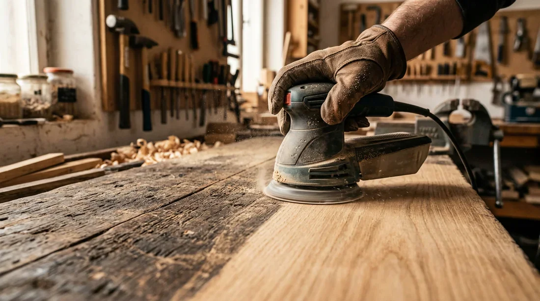 Rénovation d'un établi en bois avec ponçage manuel
