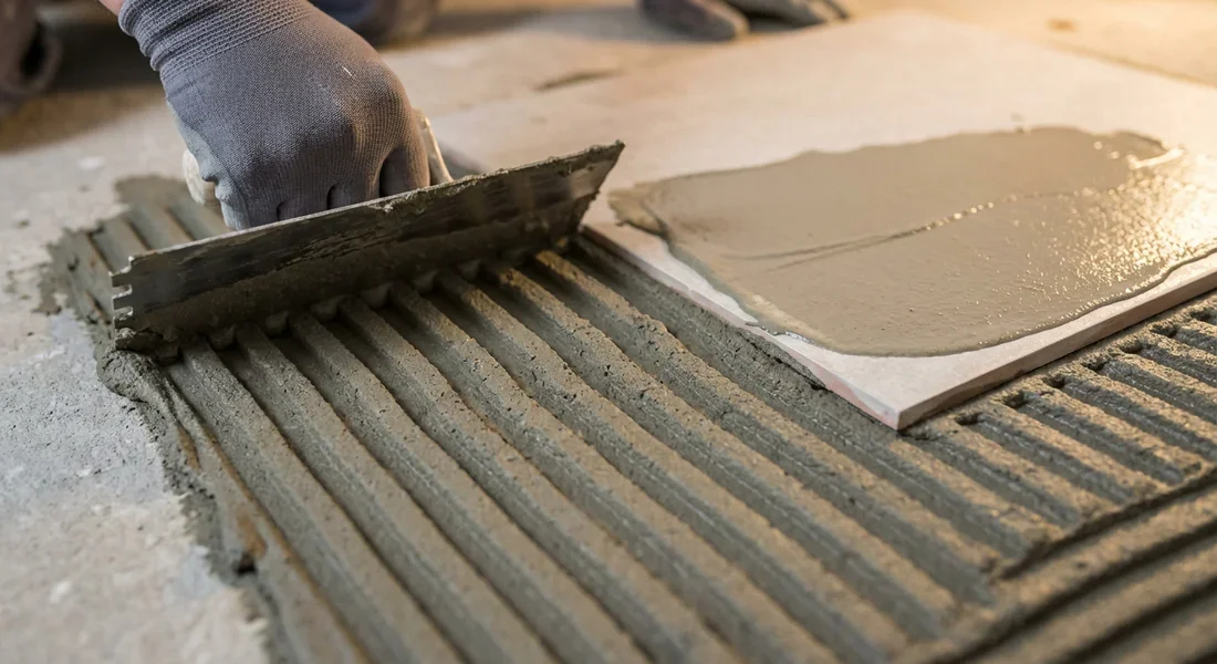 Gros plan d'une main étalant de la colle grise à la taloche crantée pour un double encollage de carrelage.