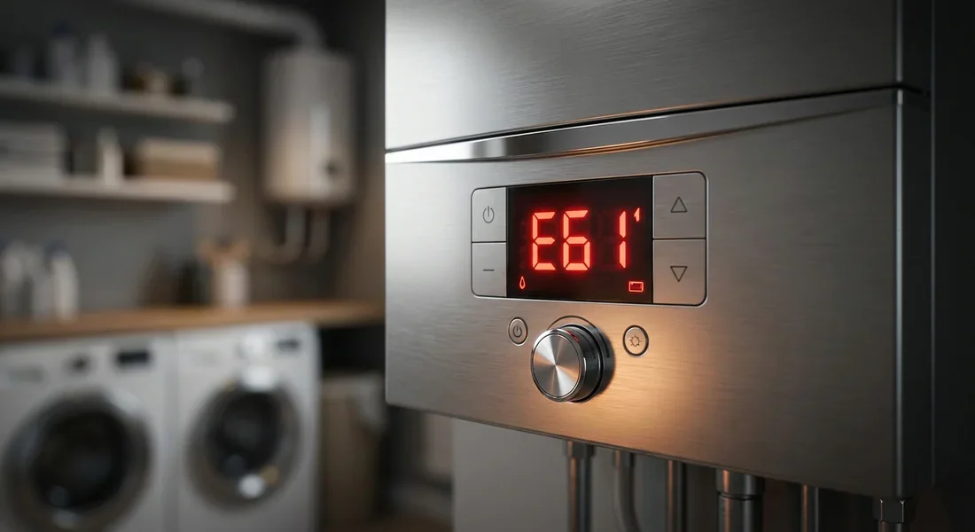 Affichage numérique d'une chaudière moderne indiquant le code erreur E61 en rouge.