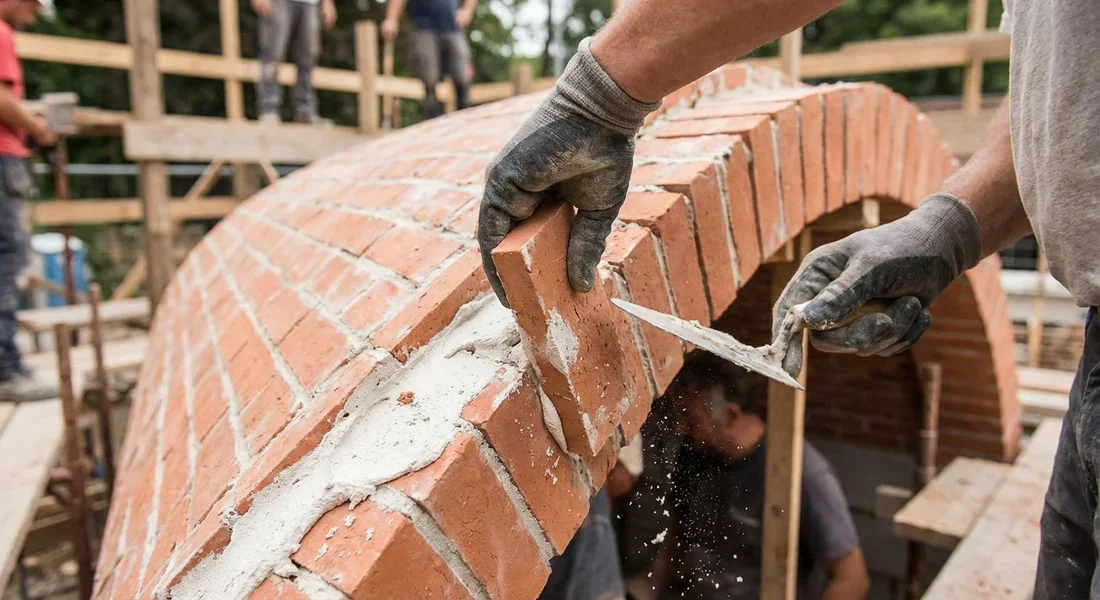 Artisan maçon construisant une voûte sarrasine étape par étape