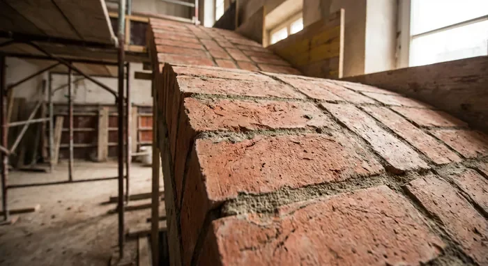 Escalier voûte sarrasine prix : Tarifs et devis 2026 - 8 000 € à 15 000 € : Le vrai prix de la voûte sarrasine - Quel est le prix d'un escalier voûte sarrasine en 2026 ? Gros plan sur l'assemblage de briques plâtrières rouges pour voûte