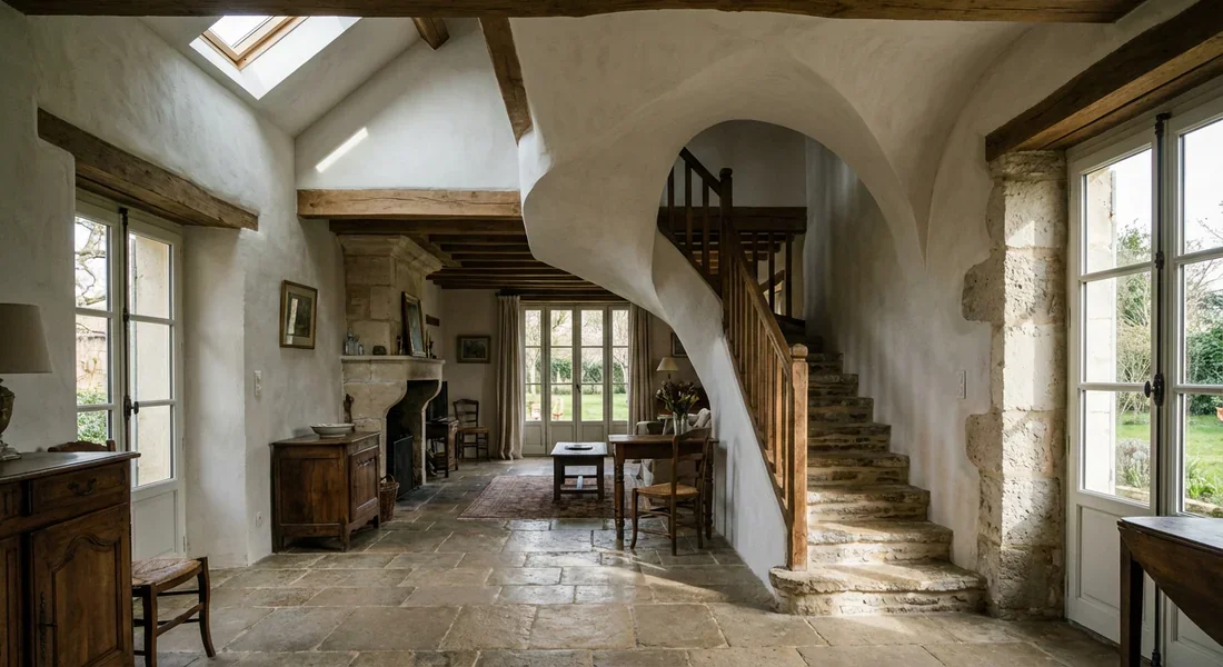 Intégration architecturale d'un escalier en voûte sarrasine dans un intérieur
