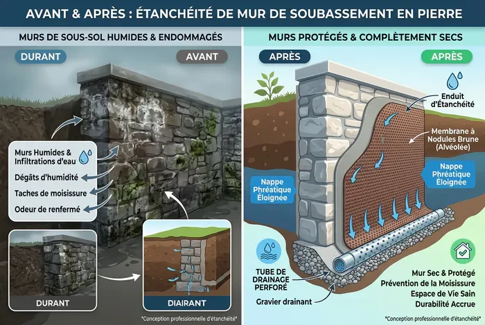 Étanchéité mur en pierre enterré par l'extérieur : Guide - Étancher un mur en pierre enterré : 5 étapes clés (2026) - Comment étancher un mur en pierre enterré sans l'abîmer ? Infographie avant après traitement de l'humidité et drainage d'un mur enterré en pierre