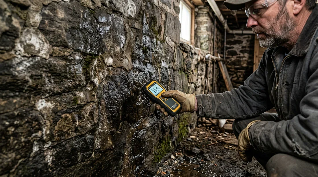 Inspection des traces d'humidité sur le soubassement d'une maison ancienne en pierre