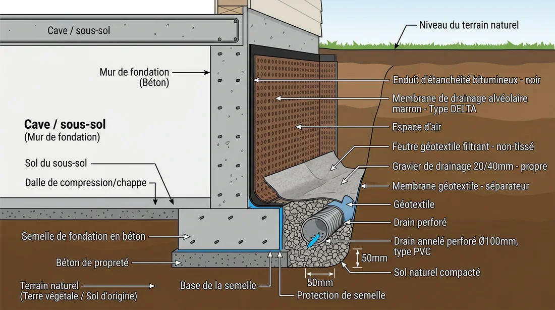 Schéma technique des couches d'étanchéité et de drainage d'un mur enterré
