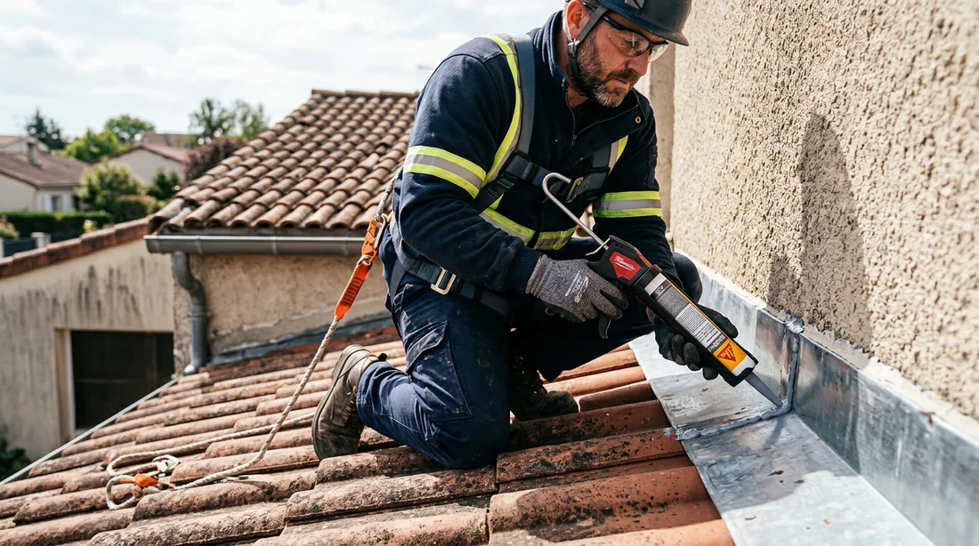 Réparation d'étanchéité de toiture Couvreur professionnel appliquant un joint d'étanchéité sur un solin en zinc