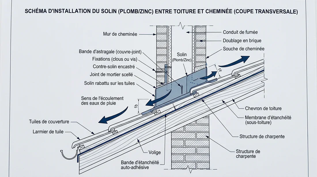 Détails techniques de pose de solin Schéma technique de pose de solin d'étanchéité