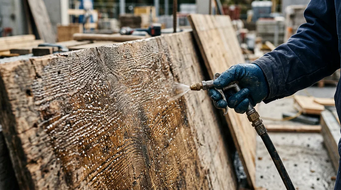 Mise en œuvre du coffrage de poteau en béton Coffrage et décoffrage partiel d'un poteau en béton sur un chantier propre.