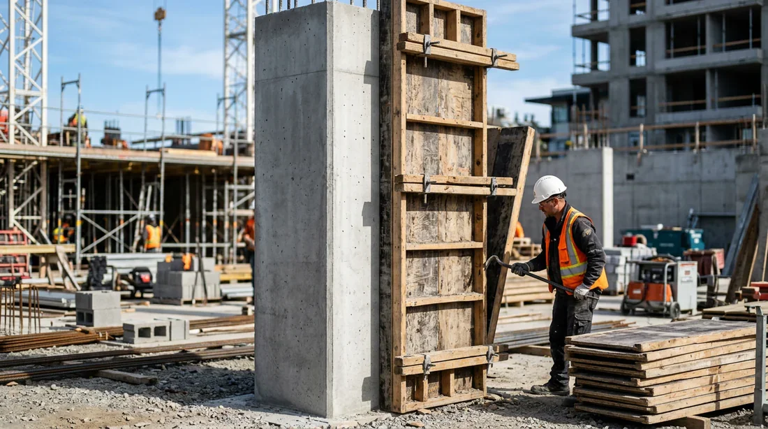 Sécurité et stabilité du coffrage Dispositifs de sécurité et étaiement des poteaux sur le chantier.