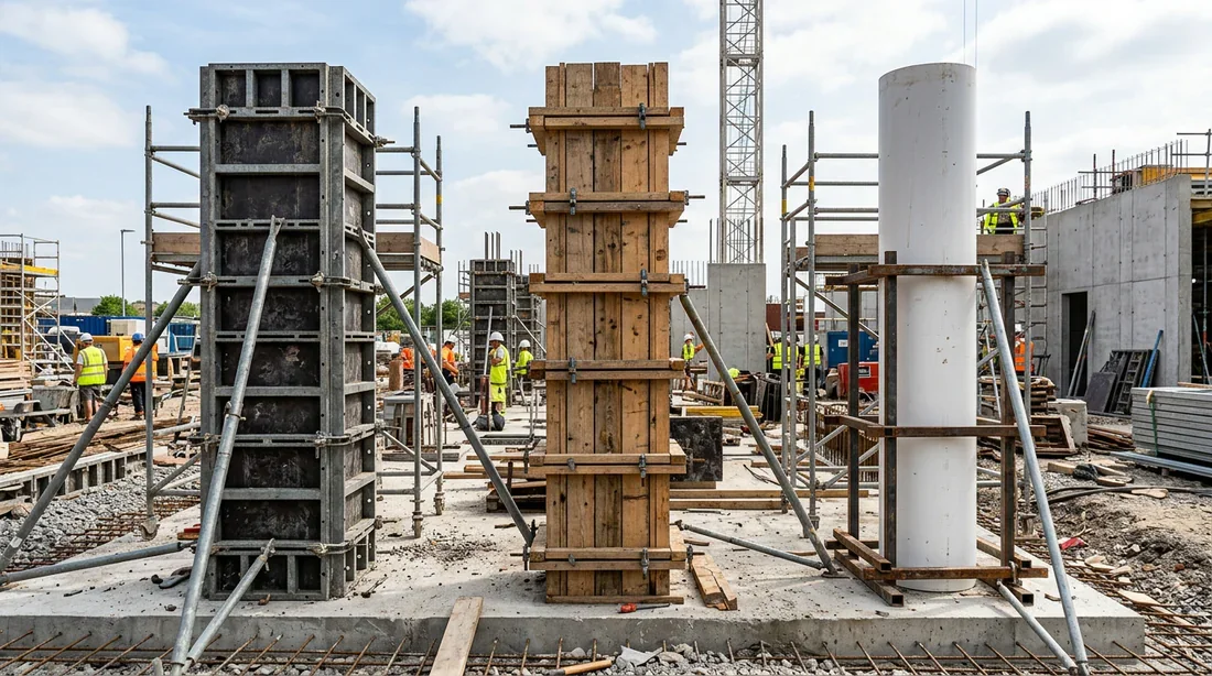 Étapes de mise en œuvre du coffrage Installation du ferraillage dans le coffrage d'un poteau.
