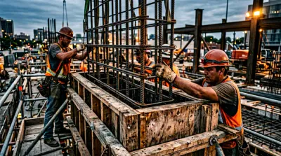 Poteau en béton avec coffrage bois visible.