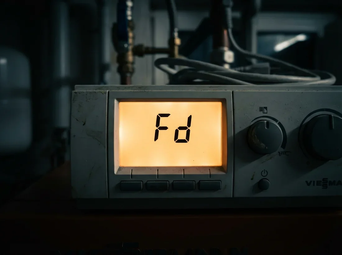 Gros plan d'un écran de chaudière Viessmann affichant le code erreur Fd