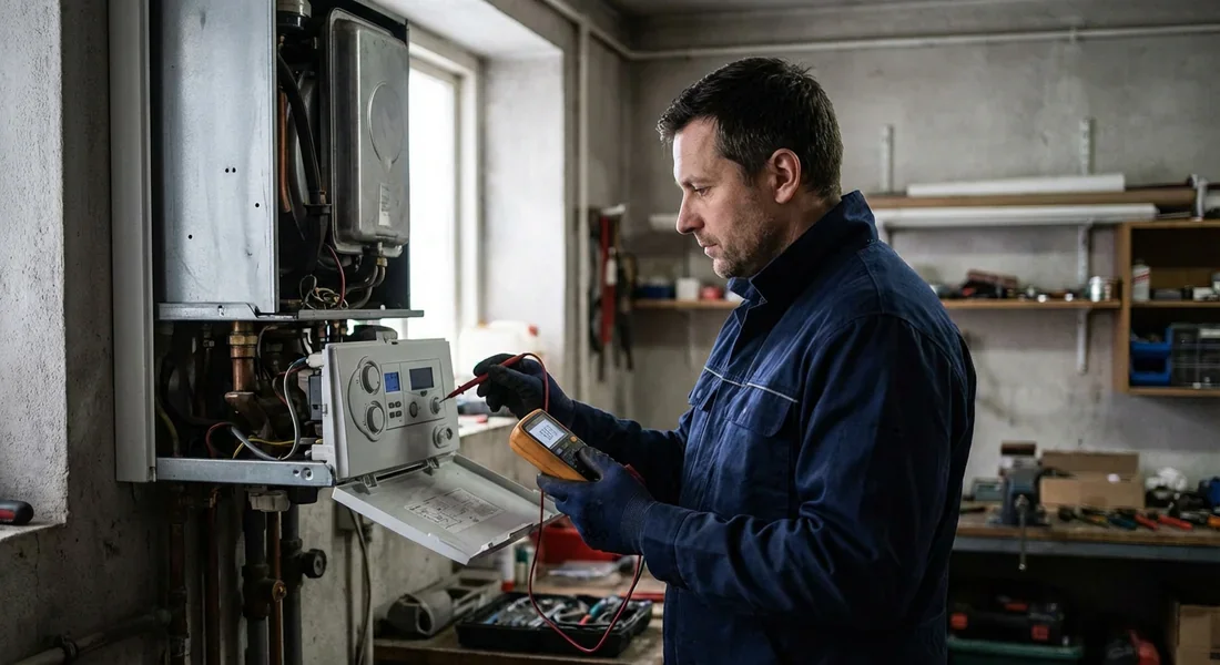 Technicien chauffagiste diagnostiquant un code erreur sur une chaudière