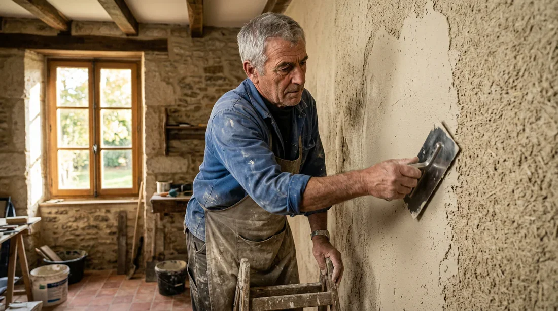 Finition d'un mur en chaux-chanvre par un artisan Artisan appliquant un enduit de finition chaux-sable sur un mur en chaux-chanvre