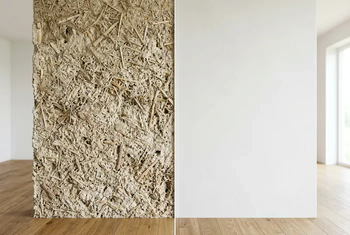 Finition d'un enduit chaux-chanvre : le guide - 3 astuces pro pour une finition chaux-chanvre top - Comment faire la finition d'un enduit chaux-chanvre ? Comparaison avant et après finition lissée au badigeon sur mur chaux-chanvre
