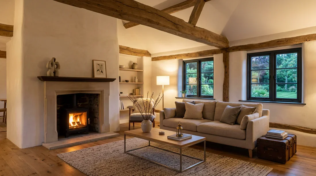 Rendu esthétique d'un mur chaux-chanvre terminé Intérieur de maison rénovée avec murs recouverts d'un badigeon de chaux lisse