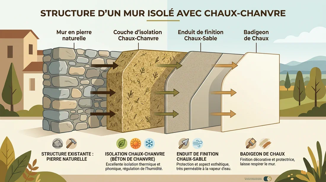 Structure et couches de finition d'un mur chaux-chanvre Schéma des différentes couches d'enduit sur un mur en chaux-chanvre