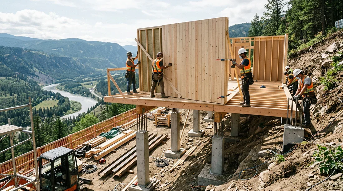 Chantier d'assemblage d'une ossature bois sur pilotis en béton