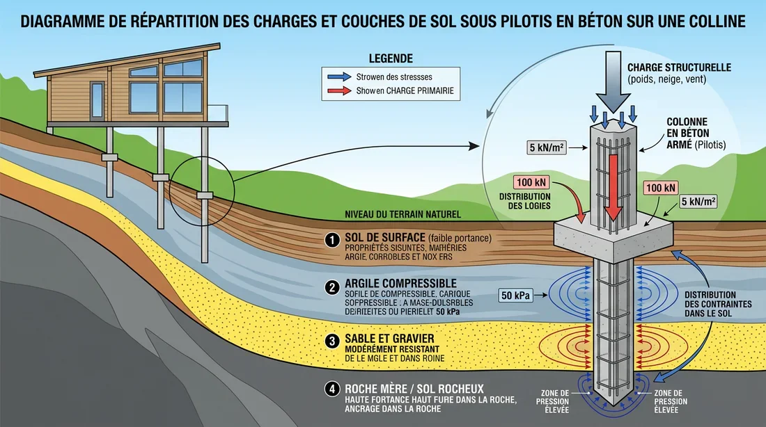 Infographie expliquant les fondations sur pilotis en béton sur sol en pente