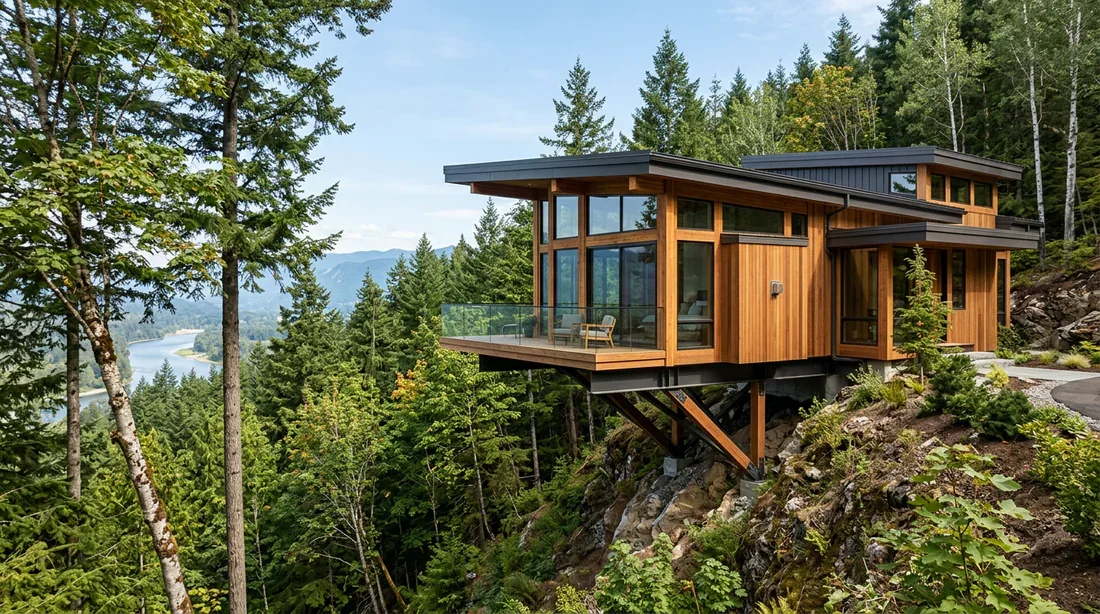 Maison en ossature bois intégrée dans un terrain à forte pente