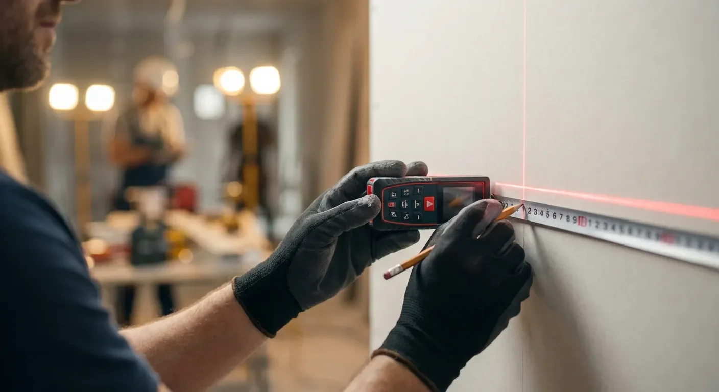 Un professionnel mesure la hauteur exacte pour poser une prise de radiateur selon les normes