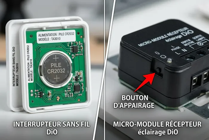 Interrupteur DiO ne fonctionne plus : 4 étapes de réparation - Réparer un interrupteur DiO : Le guide ultime (4 étapes) - Mon interrupteur sans fil DiO ne fonctionne plus, que faire ? Installation d'un interrupteur et module DiO : pile et bouton d'apprentissage