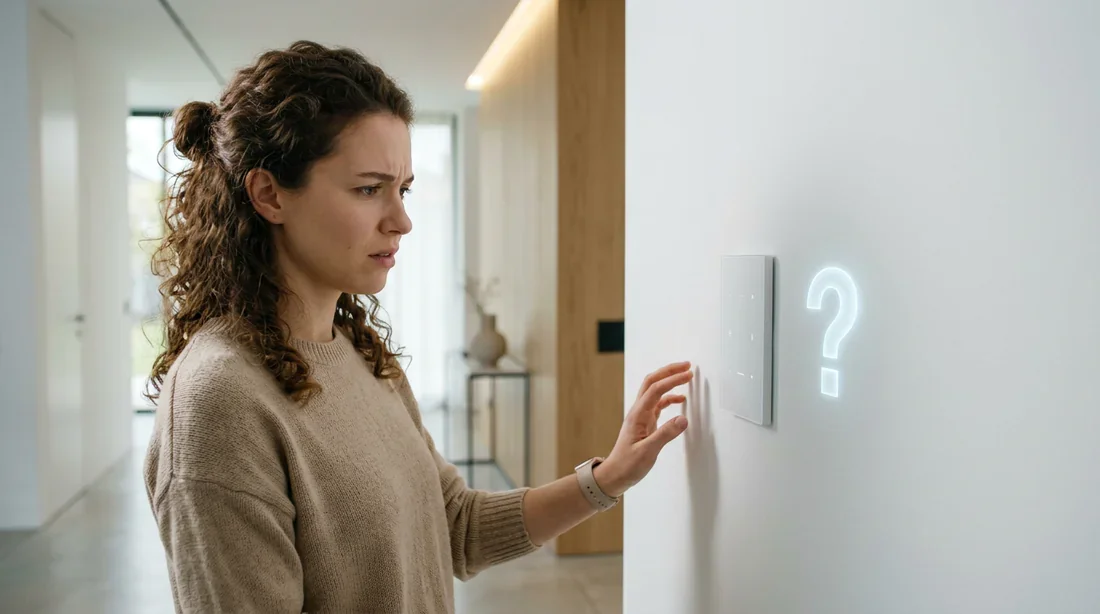 Personne perplexe face à un interrupteur sans fil sur un mur moderne