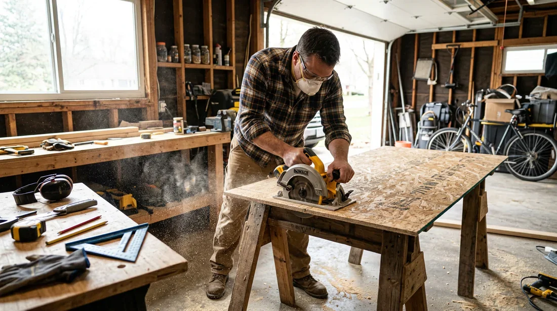 Découpe des panneaux OSB pour le mur Découpe précise d'une plaque d'OSB à la scie circulaire.